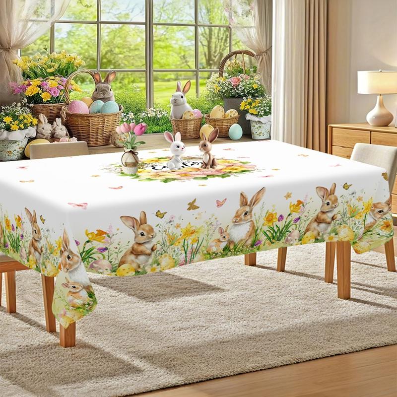 Spring Floral Easter Tablecloth Bunny Eggs Garden Tablecloth Rustic Easter Decorations for Home 2026 Kitchen Dining Table Cover