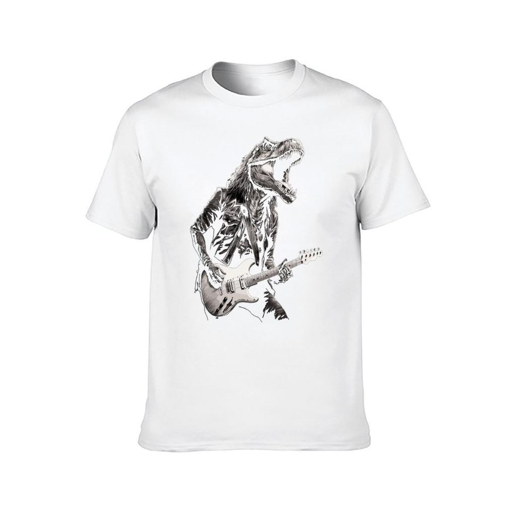 Rock & Roll Music Concert Festival Dinosaur T-rex Guitar T-Shirt cotton tshirt 100% t shirt for man 100 percent cotton T-Shirt