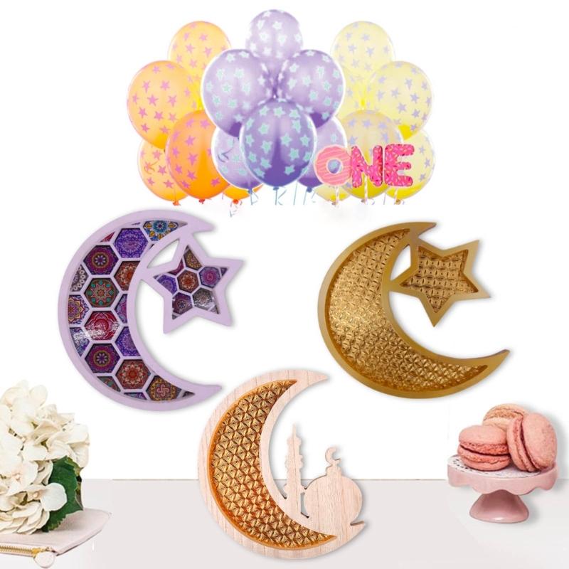 Ramadan Wood Serving Trays Wood Plate Storage Tray Eid Dessert Dinner Bread Fruit Snacks Food Display Dishes for Kitchen