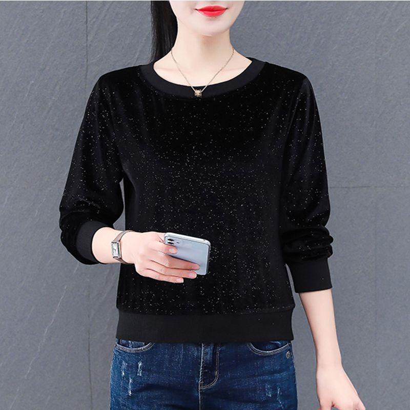 Rundhals Baumwollpullover Damen Frühling Herbst und Winter Koreanische Mode Locker Alleskönner Kurz Langärmeliges Oberteil