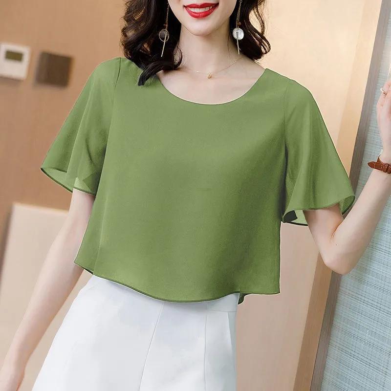 Women's Summer Short-Sleeve Cropped Chiffon Blouse Middle-Aged Mom's Round Neck Simple Elegant Top