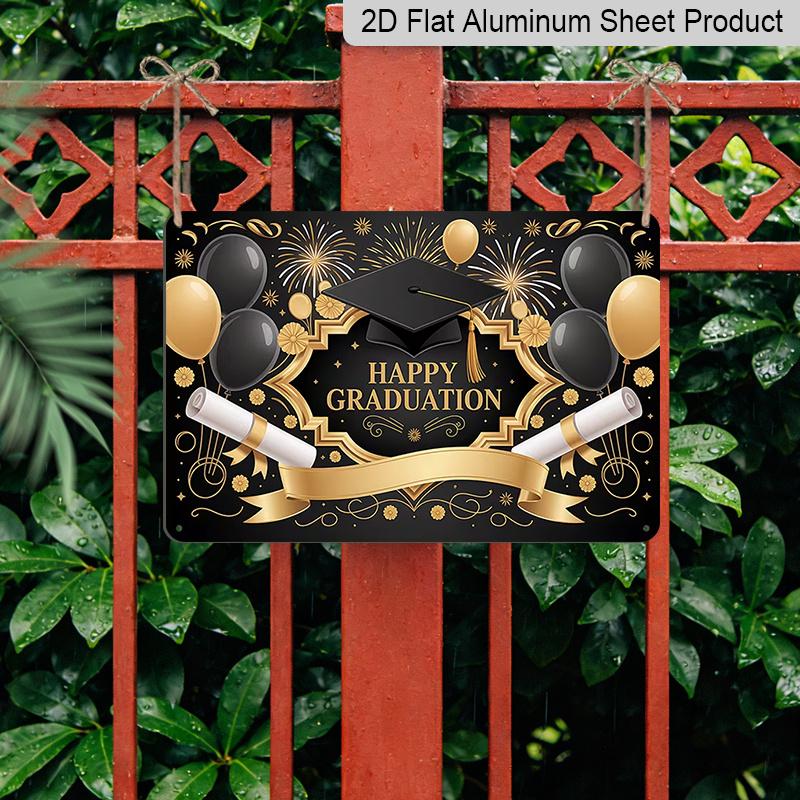 2D Flat, 1pc "Happy Graduation" Black & Gold Plaque, 12”*8" - Graduation Decor Sign with Cap & Diploma, Black & Gold - Aluminium Wall Hanging