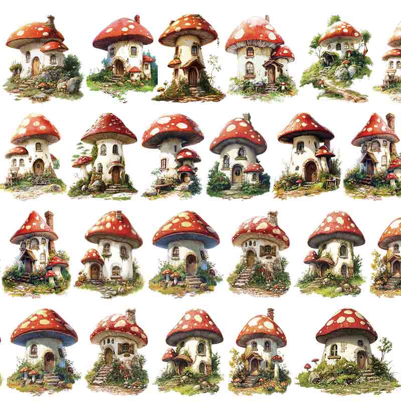 Pet Tape Journal Mushroom House Collage Decoration Card Phone Back Card Landscaping