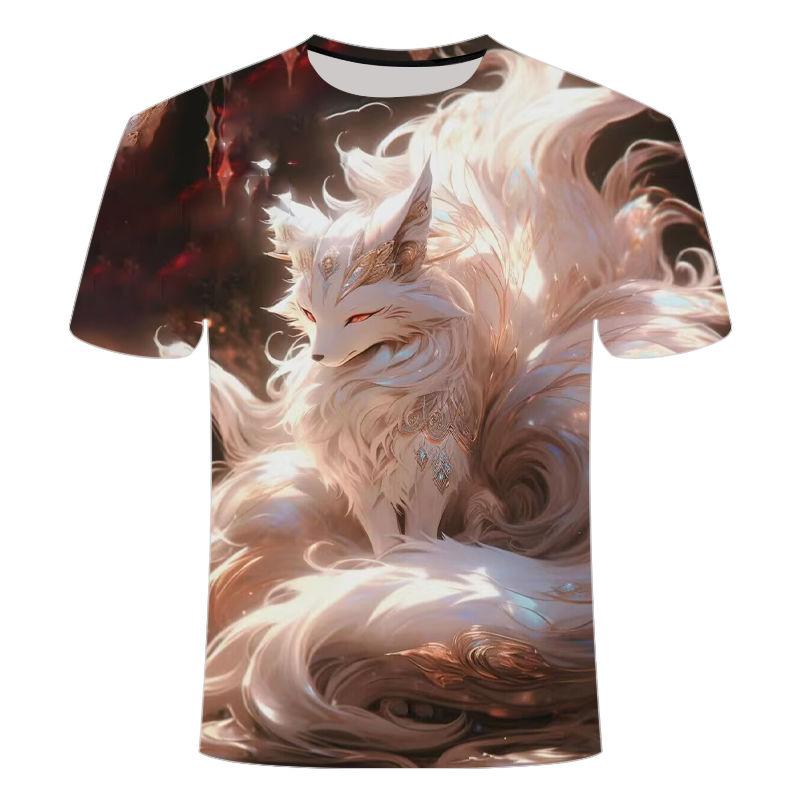Letní novinka 2024 Pánské a dámské triko s kulatým výstřihem a krátkým rukávem s 3D potištěným vzorem Nine Tailed Fox