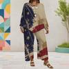 Women Plus Size Round Neck Long Sleeve Printed Asymmetrical Top Wide Leg Cropped Pants Two Piece Set