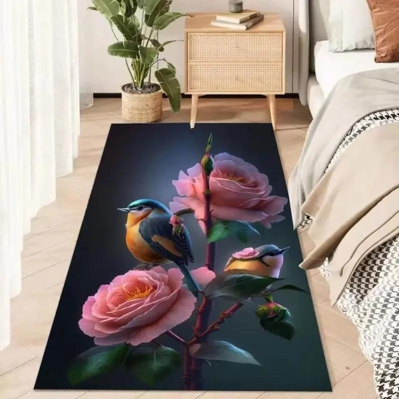 Botanical Flower Decoration Carpet Cartoon Bird Modern Carpet for Living Room Bedroom Decor Bedside Floor Mat Anti Slip Washable