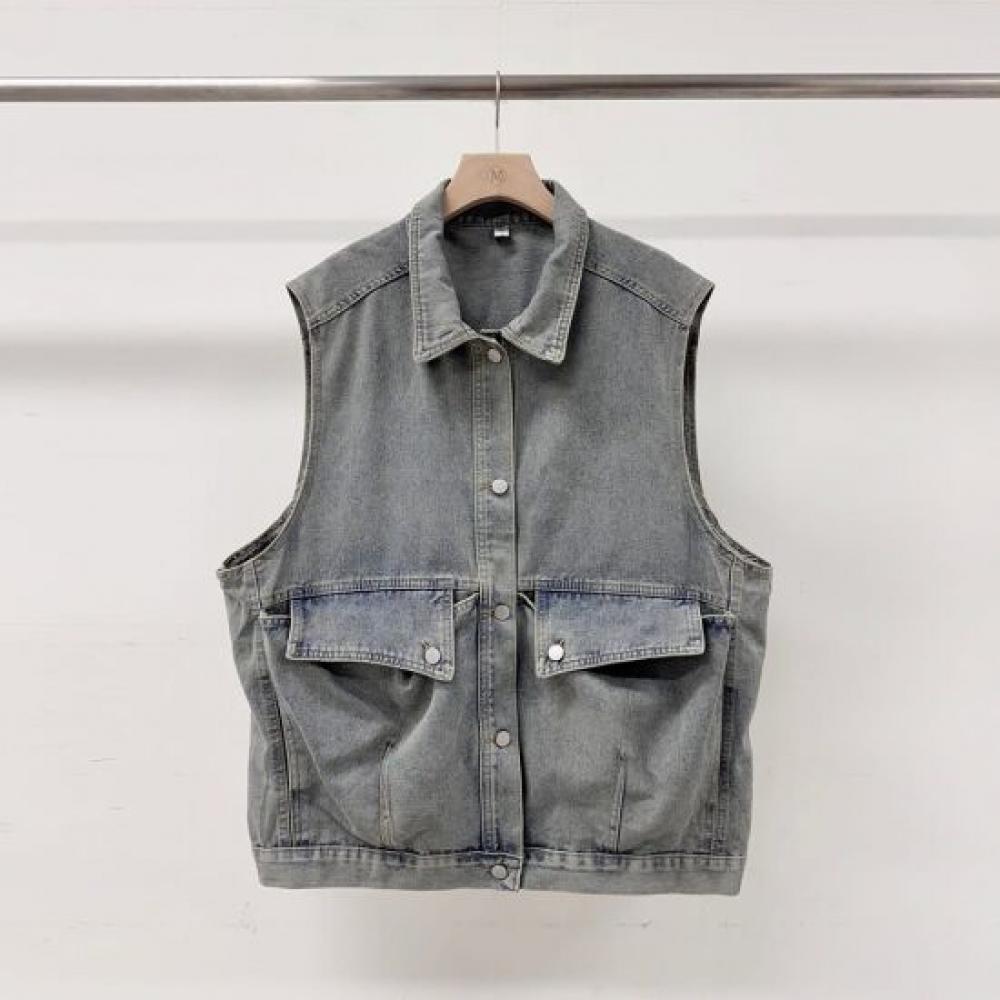 Mizqz Unisex Big Pocket Vintage Wash Oversized Denim Vest