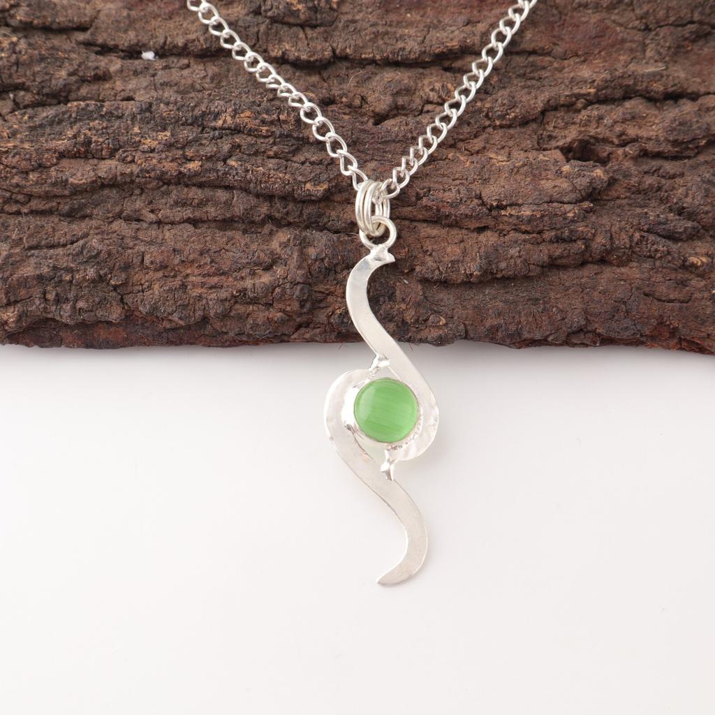 Green cat's Eye Gemstone 925 Stamped Silver Jewelry Handmade Green Stone Pendant PP-44-39