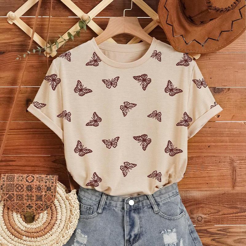

Модная женская креативная футболка с принтом животных и бабочек, забавная повседневная футболка с круглым вырезом и короткими рукавами, летняя женская футболка L бежевый