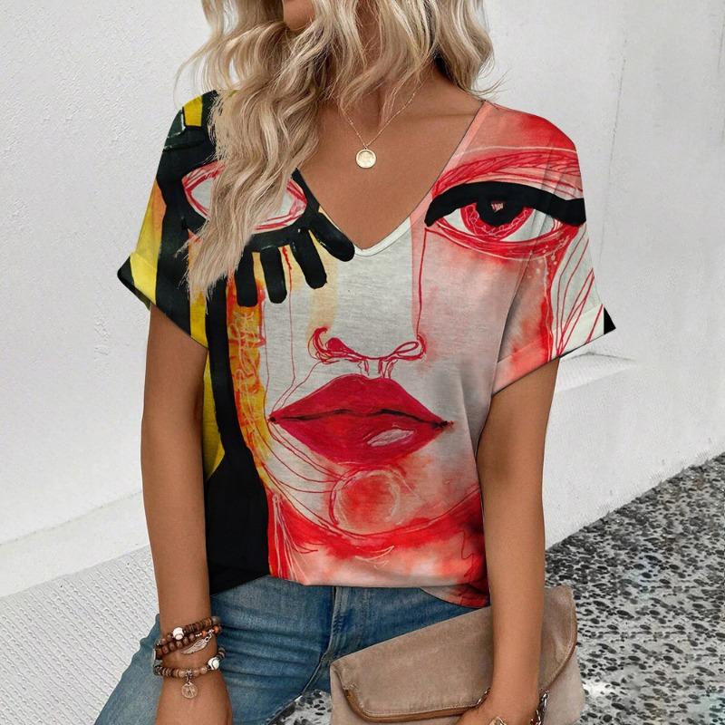 Women's Large Size Short Sleeve V-neck T-Shirt Abstract Face Pattern T-Shirt Fashion Casual Women's Elegant Comfort T-Shirt