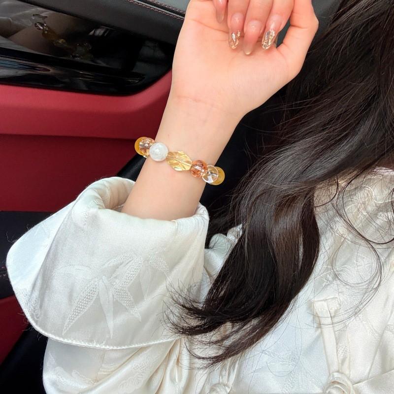 Handmade French Style Bracelet Women With Natural Yellow Fluorite Gold Foil Resin Flower Lemon Quartz Beads 12mm