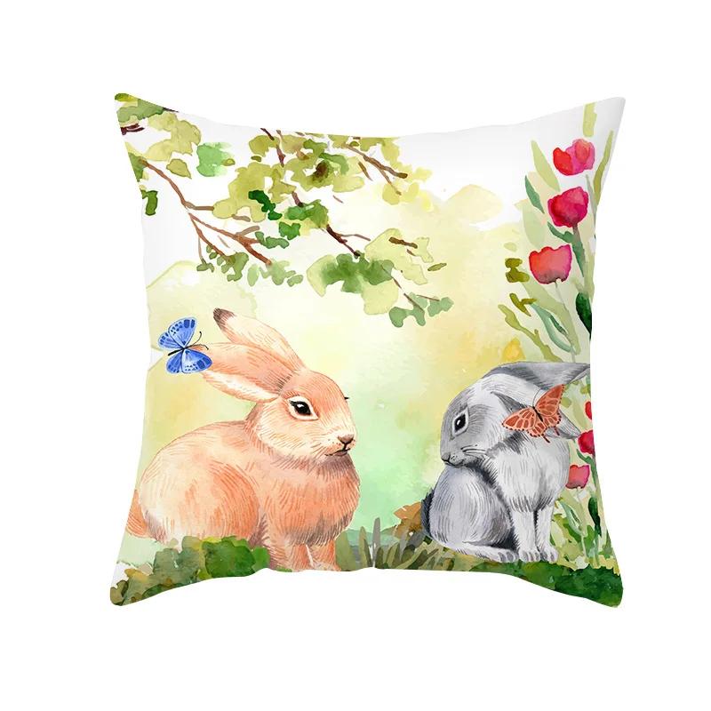 Home Decor Easter Pillowcase Flowers Rabbit Egg Print Pillowcase Sofa Cushion Cover Bedroom Room Decor 45x45 Cm