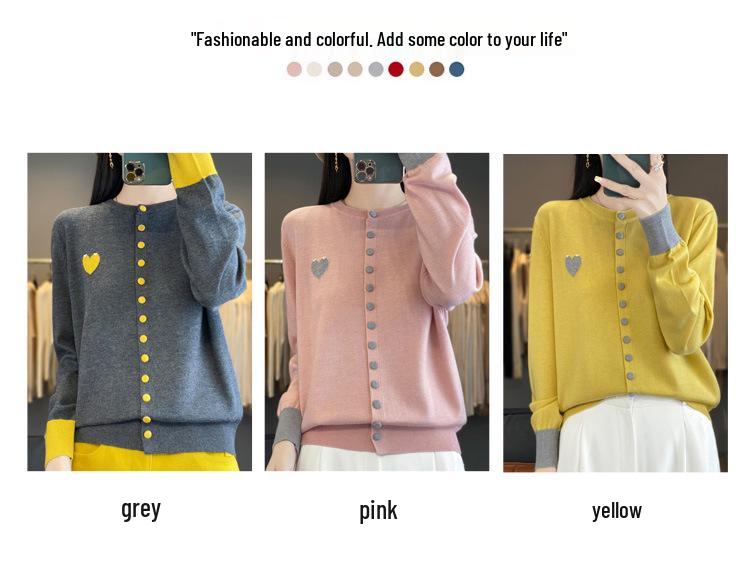 2025 Autumn/Winter Women's Round Neck Color Block Knit Cardigan Sweater 