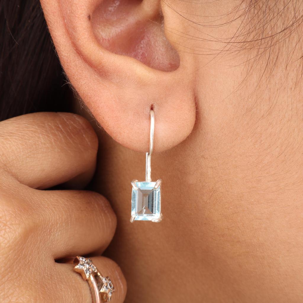 Φυσικός Γαλάζιος Τοπάζι πολύτιμος λίθος Ασημένιο Μποέμ Σκουλαρίκι 1" Ασήμι 925 Χειροποίητο Κόσμημα Για Δώρο Αγίου Βαλεντίνου/Επετείου EE-180-11