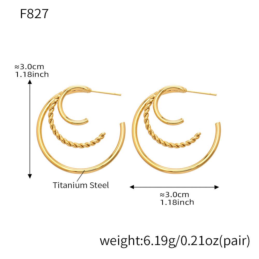 18k Gold Plated Stainless Steel C-Shaped Geometric Earrings with Three Layers - Simple, Niche Design