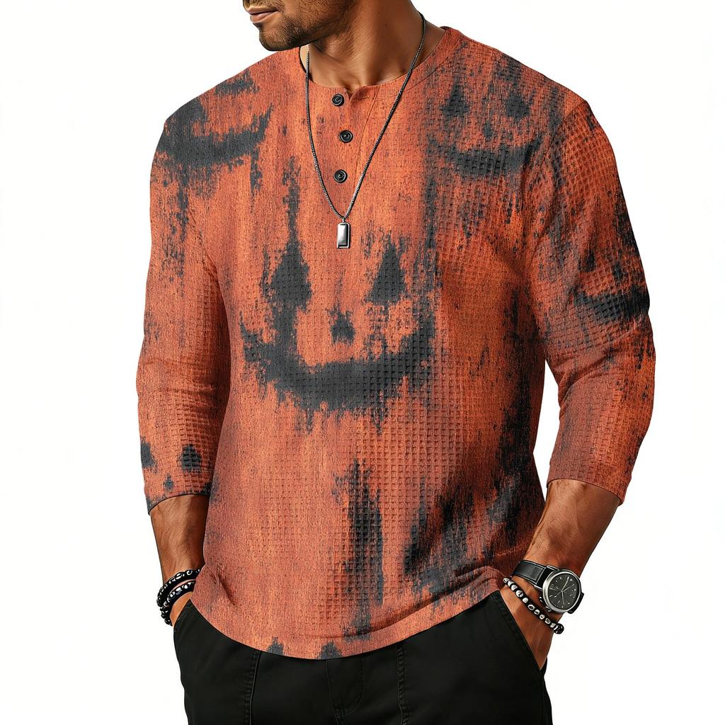 Men's Casual Halloween Print Henley Shirt Raglan Three Quarter Sleeve Top Lightweight Breathable Fabric Comfortable Fit