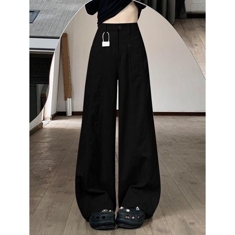 

American-Style Beige Wide-Leg Cargo Pants for Women, New Spring Model for Plus-Size Girls, High-Waisted, Slimming, Loose Casual Straight-Leg Pants Black S