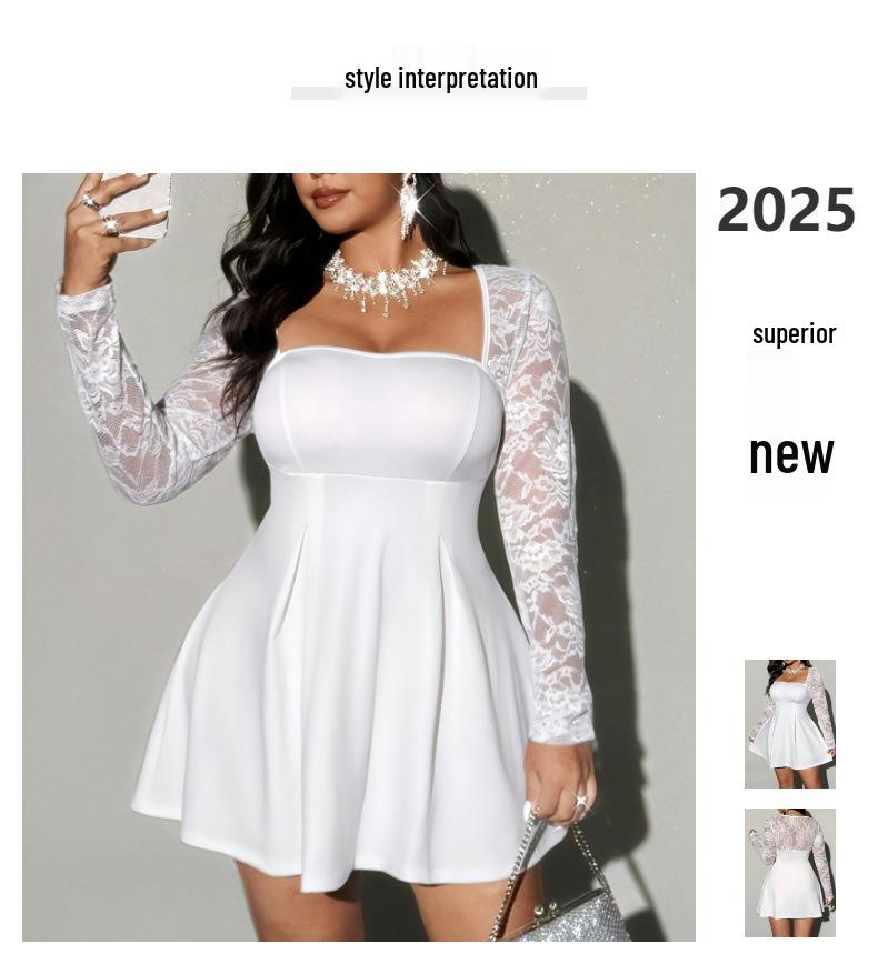 2025 Plus Size Sexy Lace Patchwork Long Sleeve Low-Cut Dress for Women