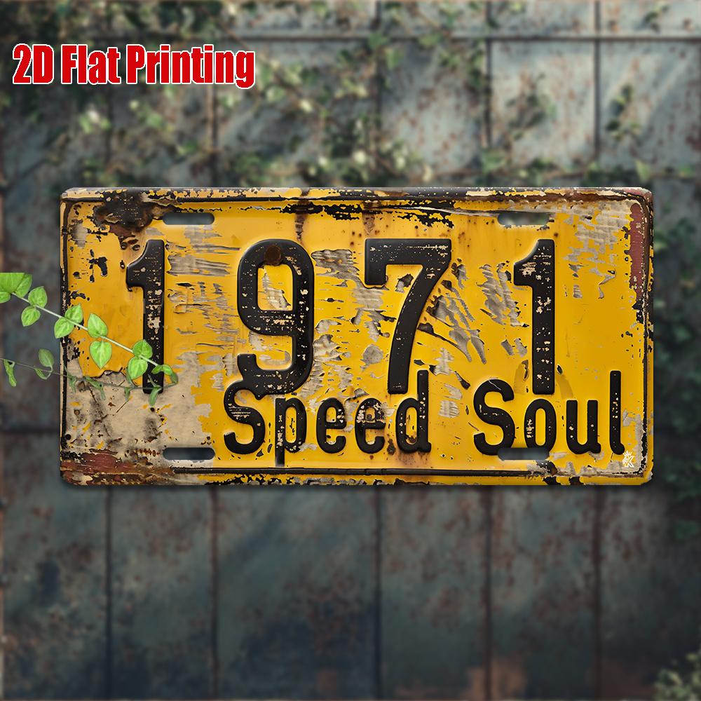 Vintage Metal License Plate Wall Art - "1971 Speed Soul" Rustic Yellow Sign with Black Numbers, Es, Perfect for Garage, Bar, Ca