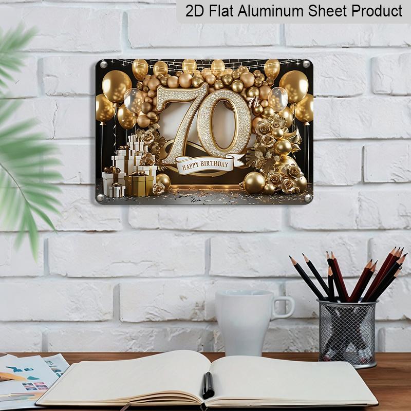 2D Flat, 1pc "70th Happy Birthday" Gold Balloon Aluminium Plaque Sign 12x8 Inch - Black & Gold 70th Birthday Design, Metal Wall Decor for 70th