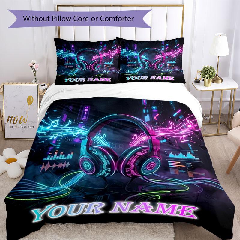 3pcs Custom Name Neon Headphones Vibes Bedding Set Printed Bedding Set Duvet Cover Closure Includes 1 Duvet Cover & 2 Pillowcases Bedroom Decor