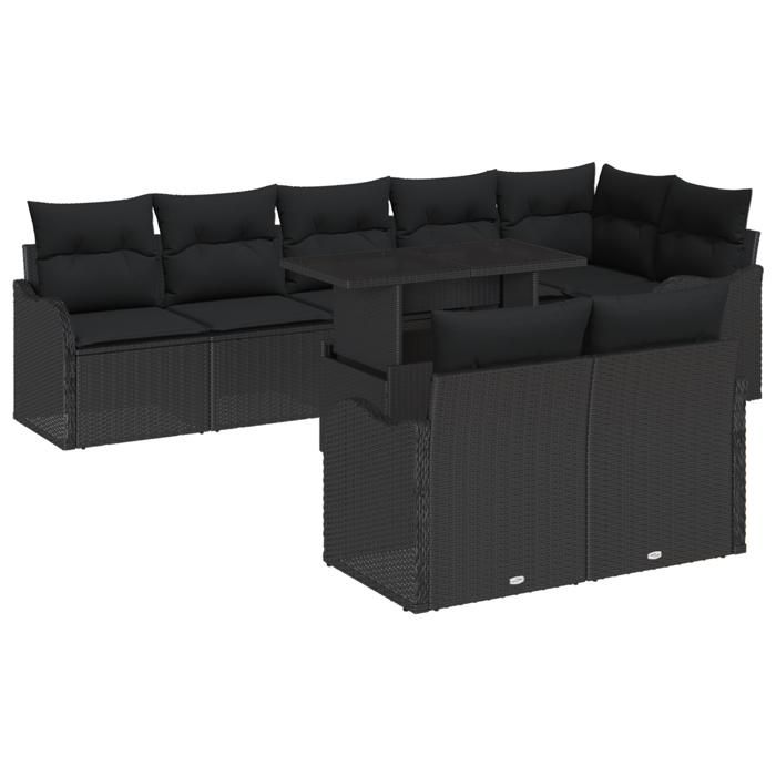 Ensemble de Canapé de Jardin en 9 pièces avec Coussins Noir Poly Rattan, Canapé de Jardin 2 Places avec Coussins Noir Poly 3348489
