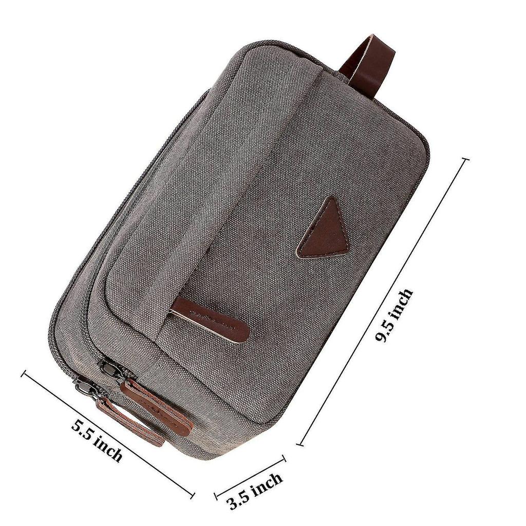 Mens Travel Toiletry Bag With Double Compartments Canvas Leather Cosmetic Makeup Organizer Shaving Dopp Kits - Gray