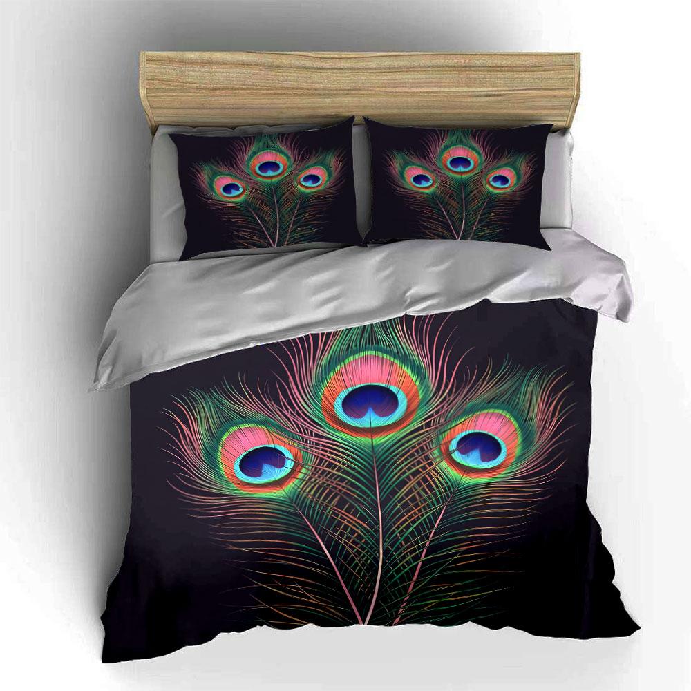 Peacock Feather Art Decor Set Soft Skin-Friendly Bedding Set Includes 1 Duvet Cover And 2 Pillowcase Gift