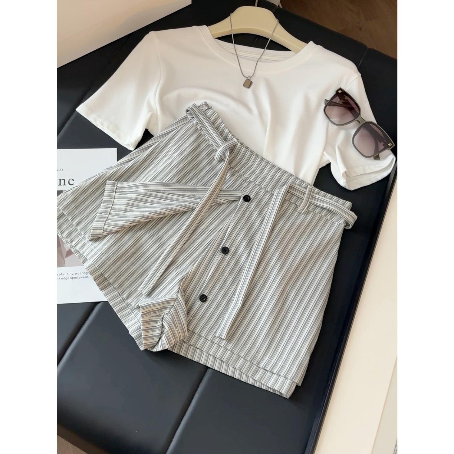 Women s High Waist A Line Shorts Striped Paperbag Waist Casual Summer Bottoms S