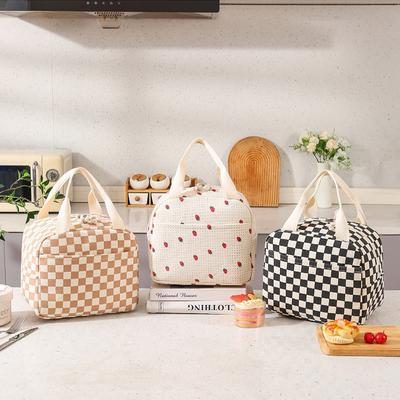 Insulated Floral Checkerboard Printed Lunch Bag Portable Thermal Picnic Cooler Tote Leak-Proof Food Container for Work Outdoor