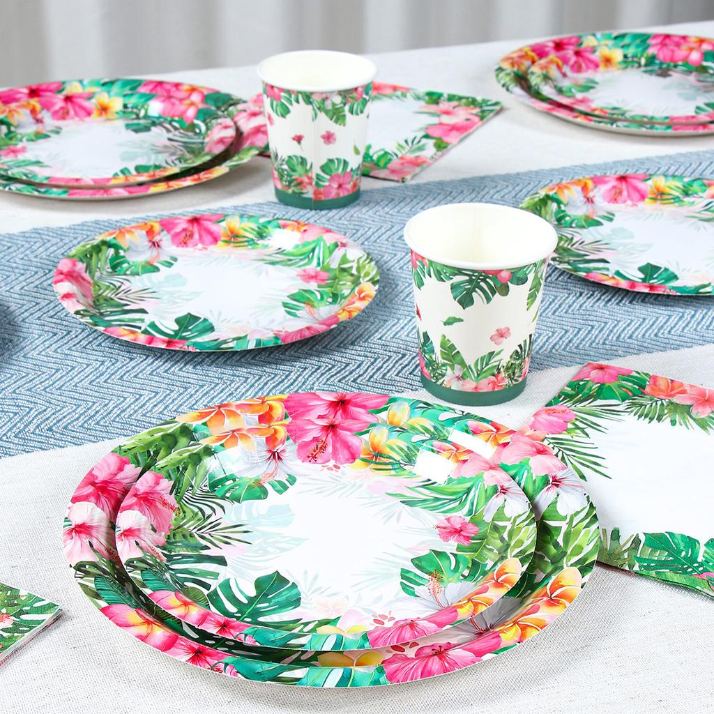 Hawaiian Leaves Flower Disposable Tableware Summer Theme Birthday Party Decor Paper Cup Napkin Tropical Hawaii Party Supplies