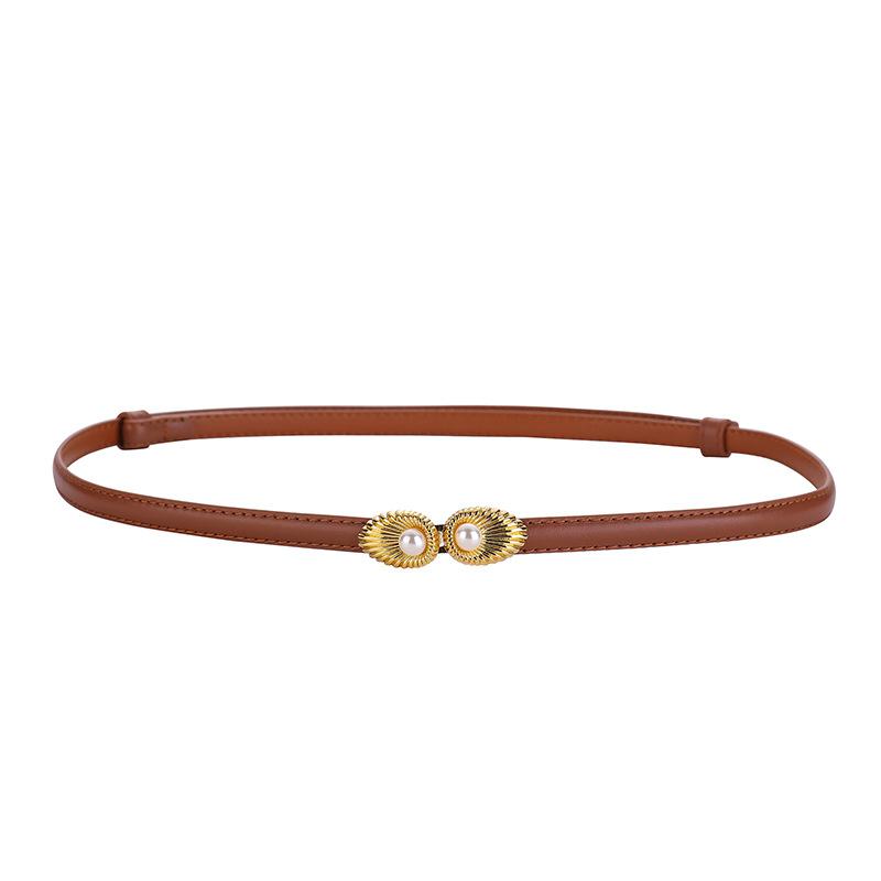 Pearl buckle adjustable women's genuine leather belt - versatile dress & jacket top grain cowhide slim belt