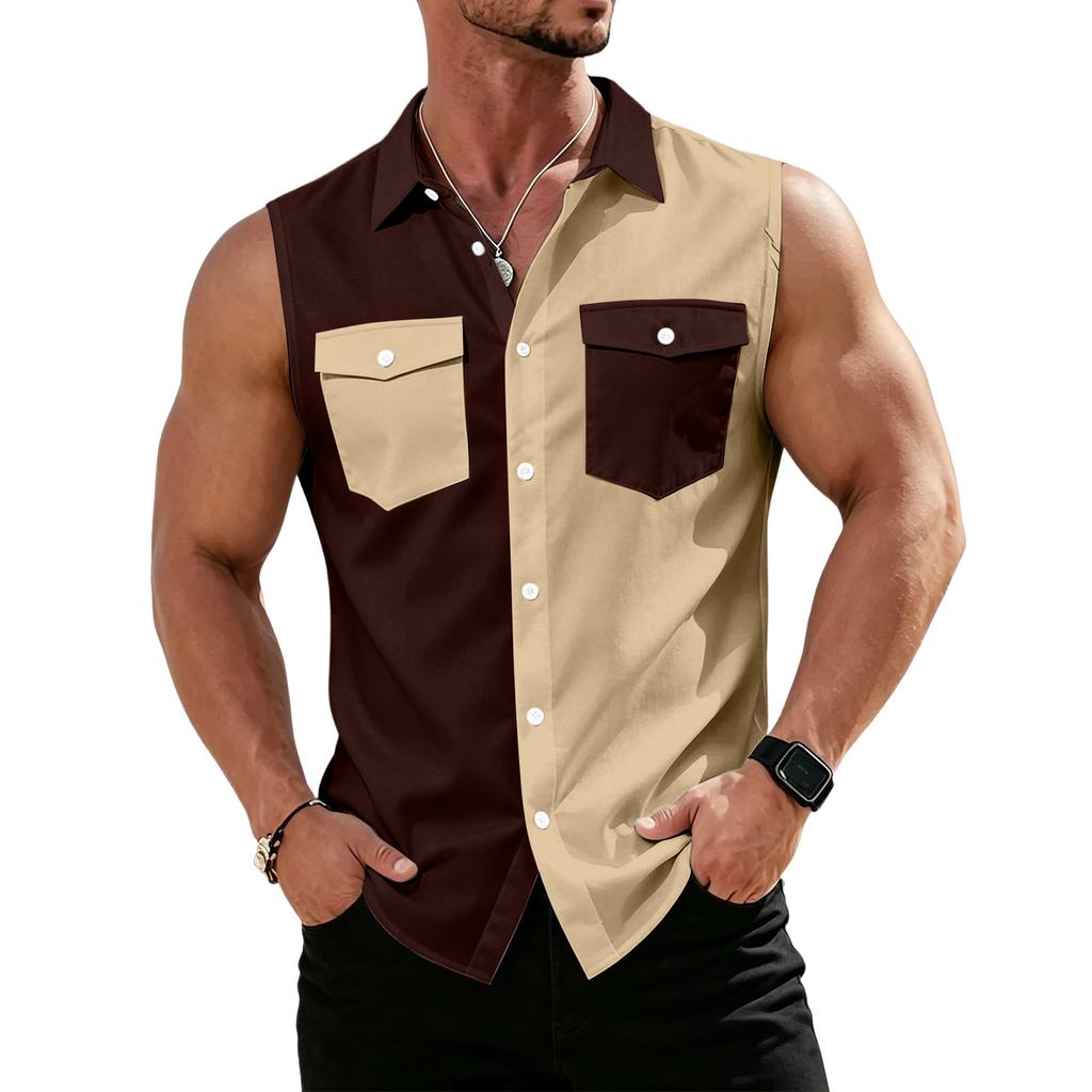 Men's Workwear Lapel Button-Down Vest Shirt - Lightweight Sleeveless Top