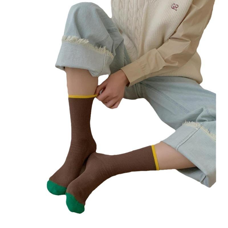 Socks Women'S Contrasting Color Trendy Socks Double Needle Pure Cotton Medium Tube Socks Drawing Casual Versatile Socks