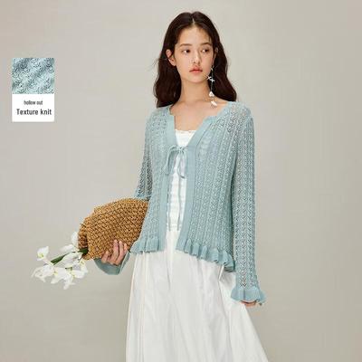 INMAN Women's Resort Style Ruffle Hollow-Out Knit Cardigan