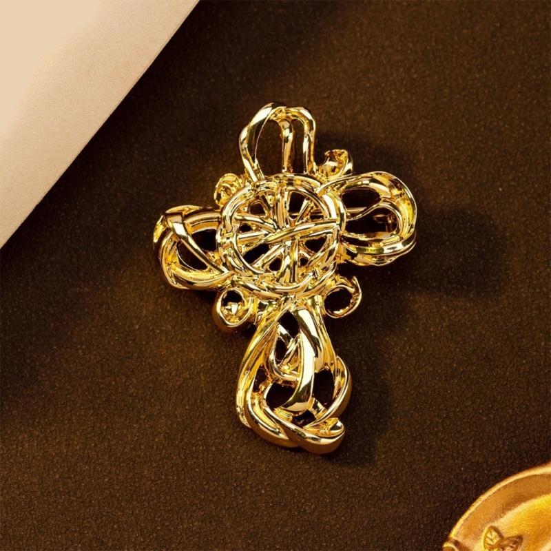 Chic Crosses Heart Design Brooch Sturdy Gold Tone Copper Alloy Accessory For Coat Dress Scarf Decoration