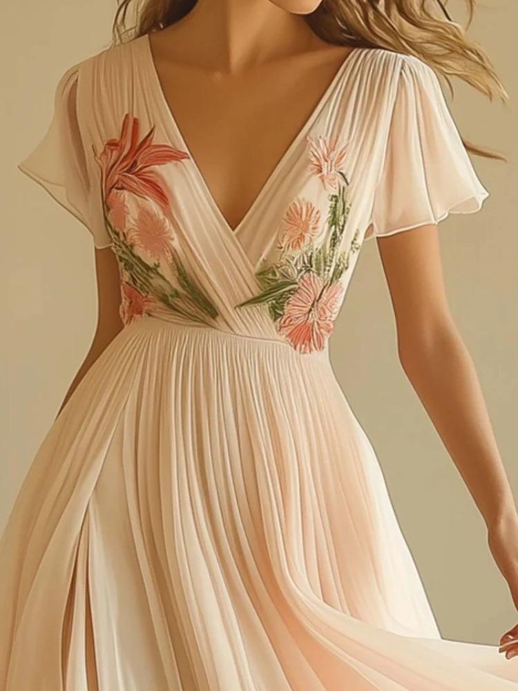 Vestito da Donna con Scollo a V, Manica Corta, Stampa Digitale Posizionata, Gonna Lunga, Elegante, Aderente, Vita Alta