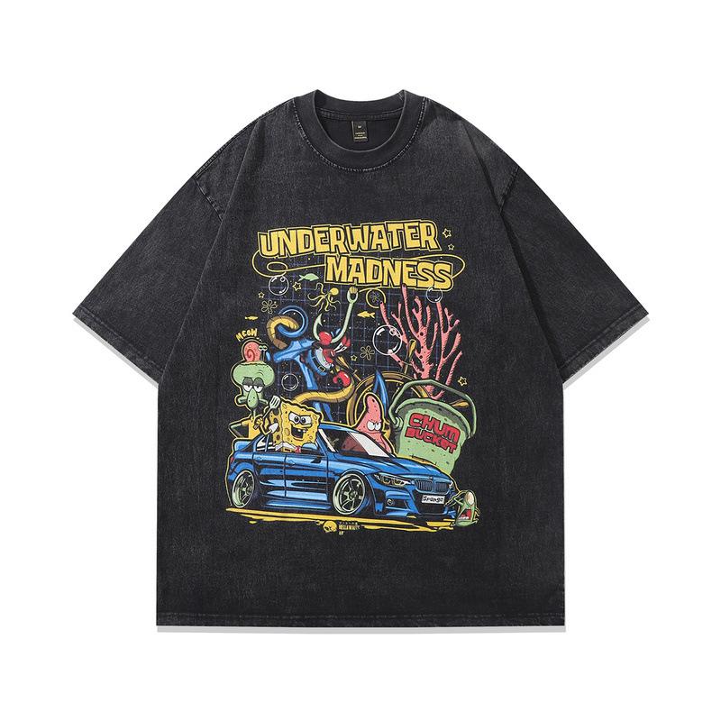 Men'S Half-Sleeved T-Shirt American Hip-Hop Retro Print Oversize Washed Short-Sleeved T-Shirt