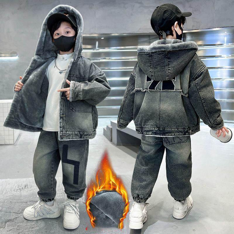 

Korean Style Winter Fleece-lined Jacket for Boys, Thick Denim Two-piece Set for Medium and Large Children 160