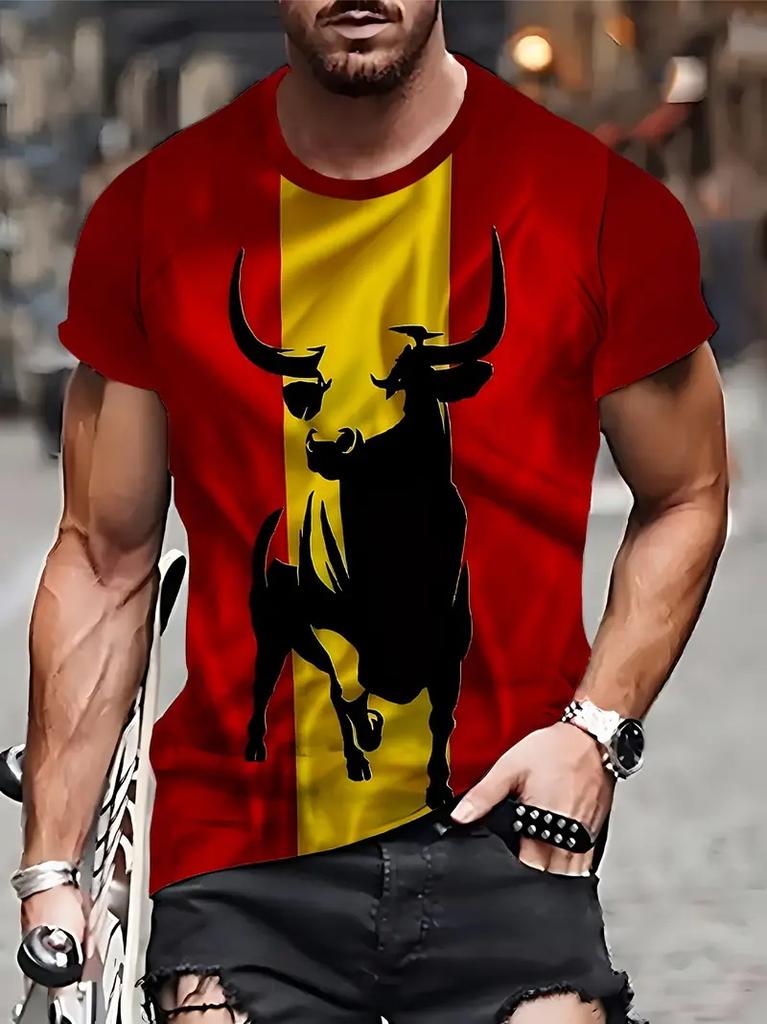 Fun Bull Pattern 3D Printed T-shirt Summer Men's Casual Fashion Round Neck Fashion Trendy Harajuku Personalized Short Sleeve Street Wear