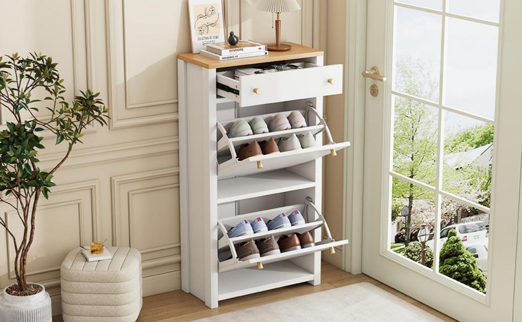 Modern Shoe Cabinet with Drawer, 2 Flaps, Adjustable Shelves and Metal Handles, White/Wood Look, for Hallway & Entryway, 50 x 24 x 95 cm