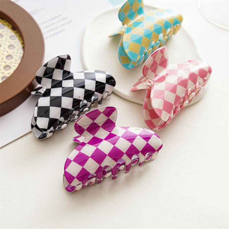 Checkerboard Pattern Geometric Hair Accessories For Women Retro Contrast Color Chic Styling Tools Grid Decorative Headwear