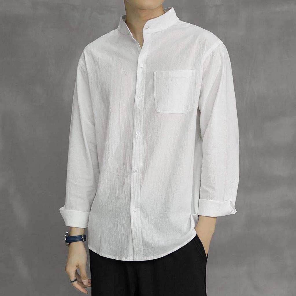 New Cotton Linen White Shirt Men's Casual Loose Korean Version of The Trend Long-sleeved Shirt Black Coat