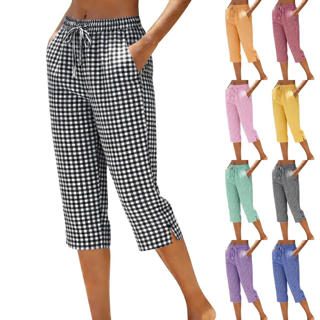 Damen Mode Kariert Print Elastischer Bund Zum Binden Locker Freizeit Sieben-Achtel 7/10 Hose