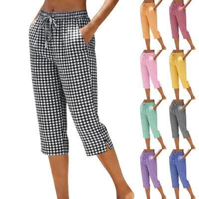 Damen Mode Kariert Print Elastischer Bund Zum Binden Locker Freizeit Sieben-Achtel 7/10 Hose
