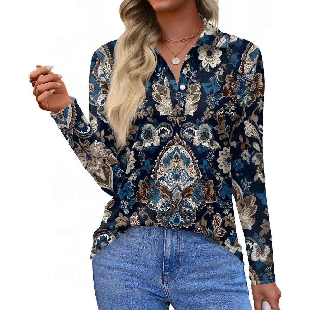 Dámská móda Ležérní klopa Krátký Dlouhý rukáv Potisk Košile Dámské Zapínací topy