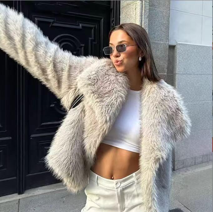 Women's Cross-Border Faux Fox Fur Coat - Plush, Regular Style