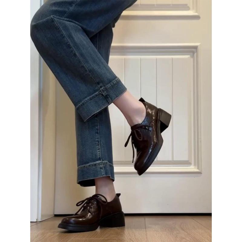 Sheepskin version~ British style loafers women's British versatile round head lace-up small leather shoes new retro thin single shoes