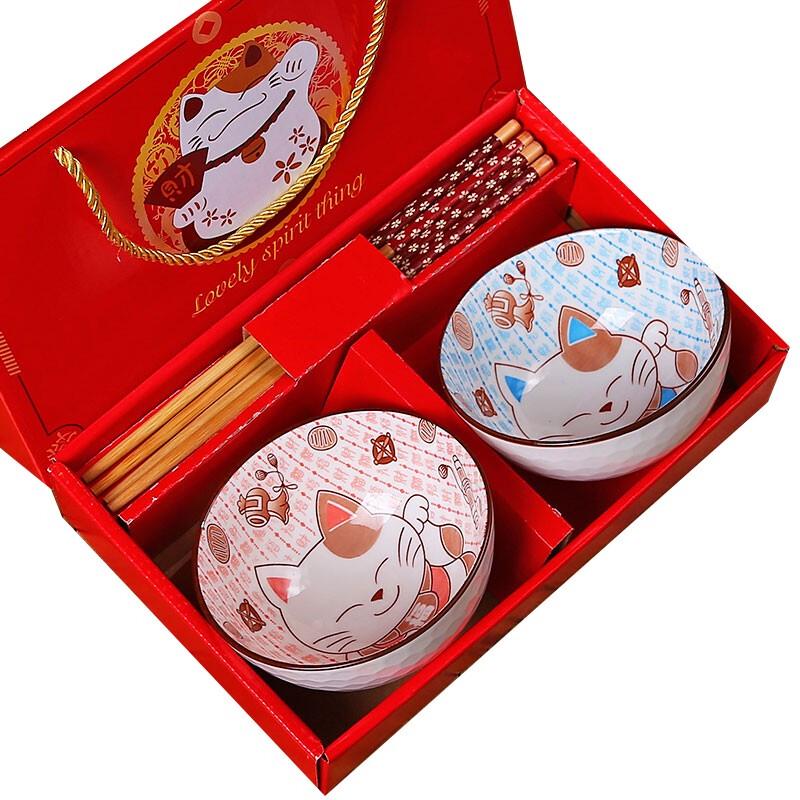 Japanese Style Lucky Cat Ceramic Bowl and Chopstick Gift Set