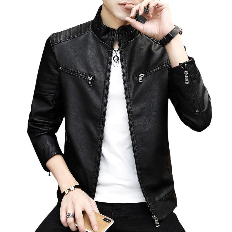 Men's Slim Fit PU Leather Jacket - Spring/Autumn Korean Style Stand Collar Outerwear